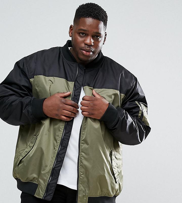 Jacamo Plus Color Block Bomber Jacket In Khaki - Green
