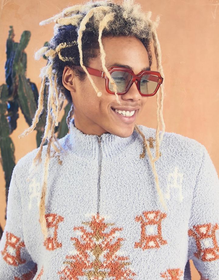 Asos Design Knit Borg Yarn Half Zip Sweater With Pattern-blue
