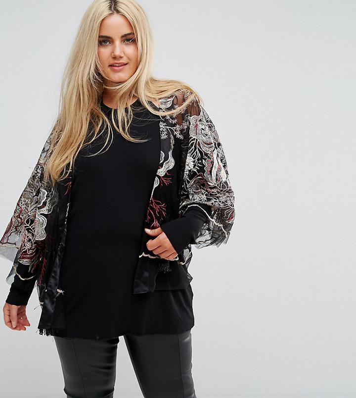 Elvi Premium Embroidered Kimono Jacket With Belt Detail - Multi