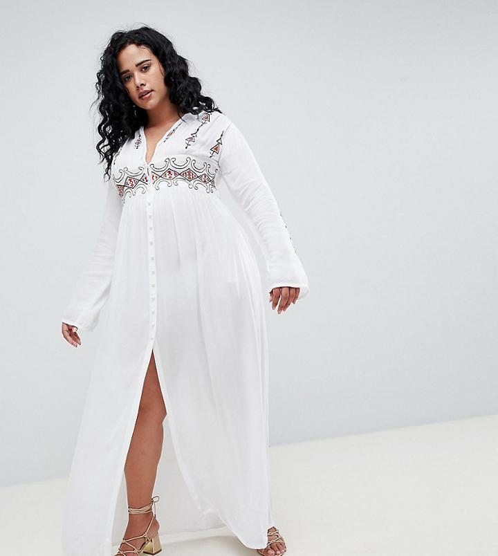 Boohoo Plus Embroidered Maxi Shirt Dress - White