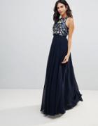 Asos Cutaway Embellished And Embroidered Crop Top Maxi Dress - Navy