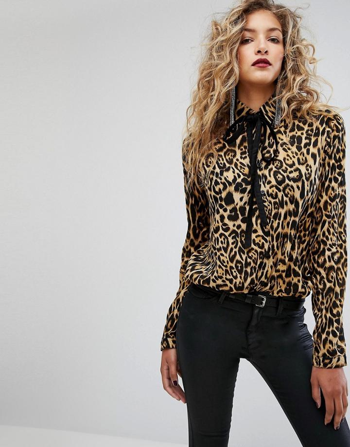 Motel Halloween Shirt With Tie Neck In Leopard - Brown