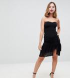 Asos Petite Bandeau Mini Dress With Ruffle Lace Hem-black