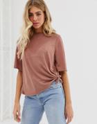 Asos Design Relaxed T-shirt With Knot Side-brown