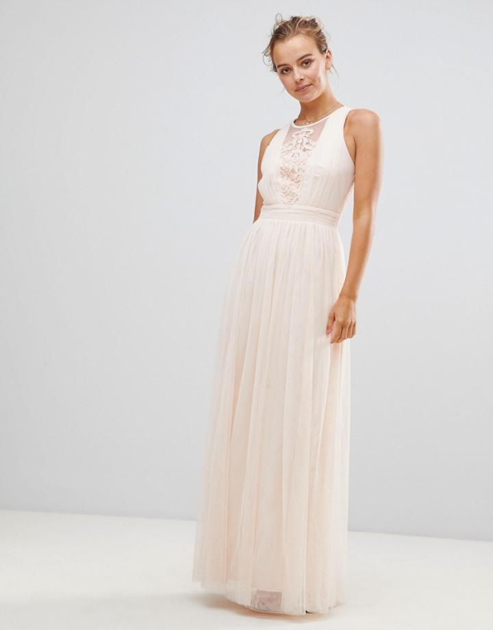 Little Mistress Chiffon Maxi Dress With Lace Insert - Beige