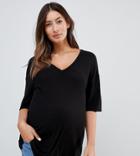 Asos Design Maternity Oversized V-neck T-shirt In Lightweight Rib In Black - Black