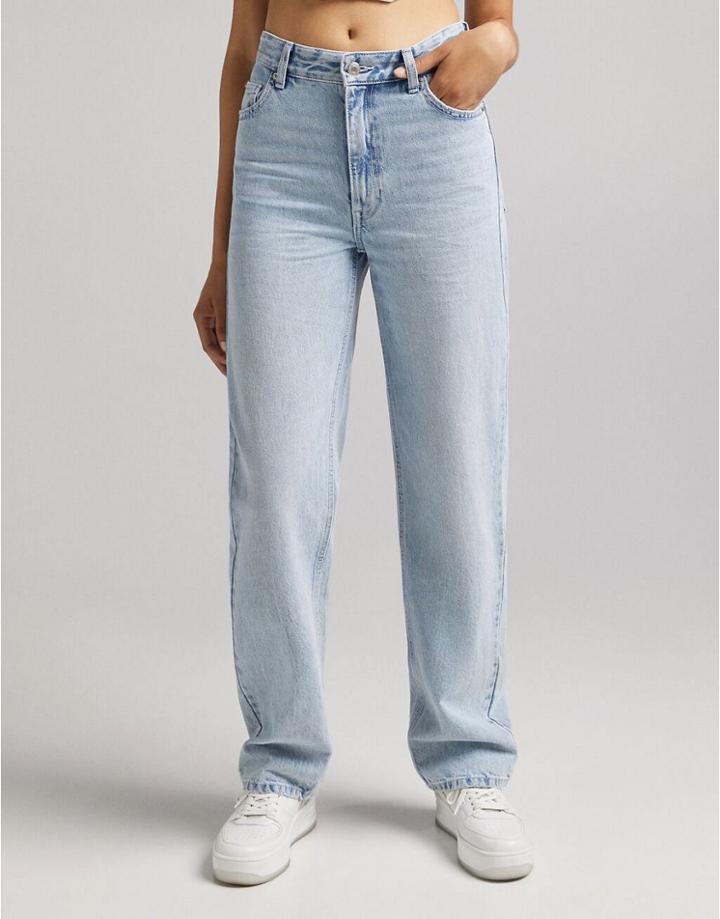 Bershka High Waisted Dad Jean In Bleached Wash-blues