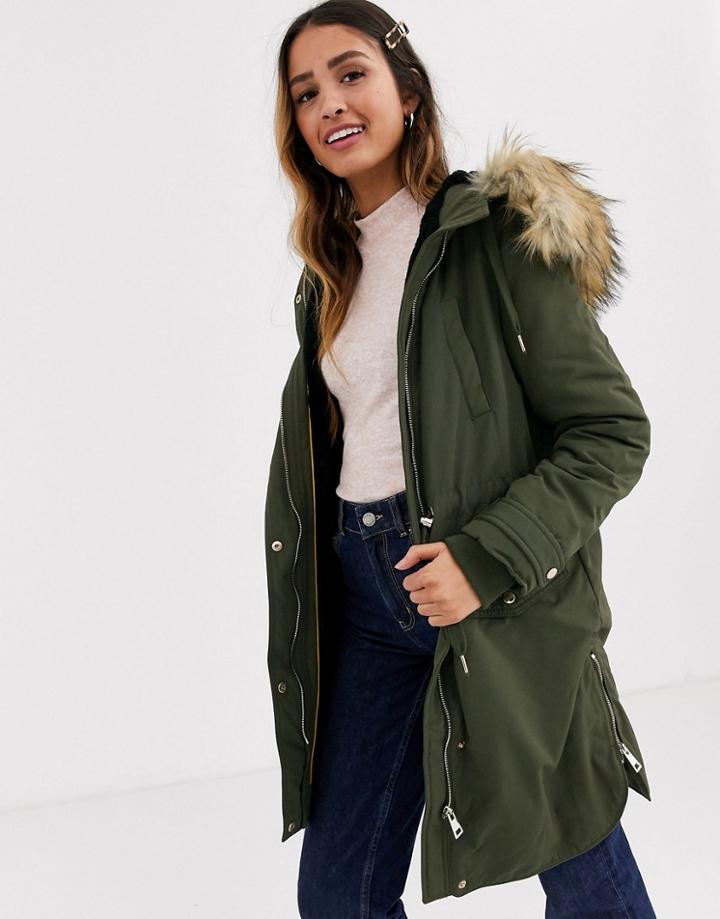 Miss Selfridge Longline Parka Coat In Khaki