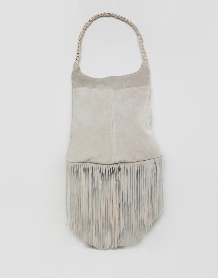 Asos Design Suede Fringe Slouch Shopper Bag - Gray