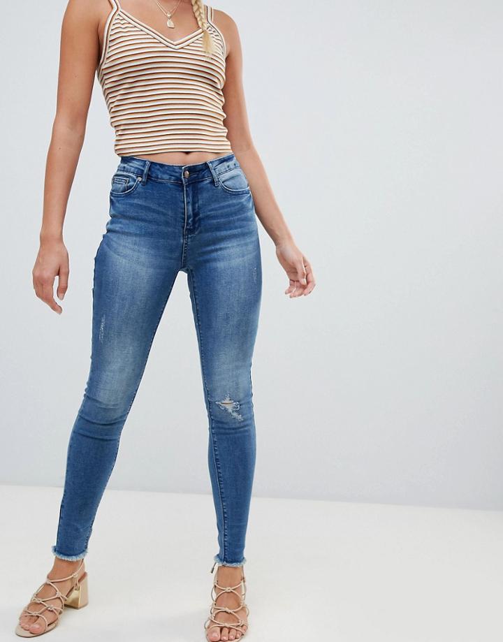 Only Pearl Mid Rise Raw Hem Jeans - Blue
