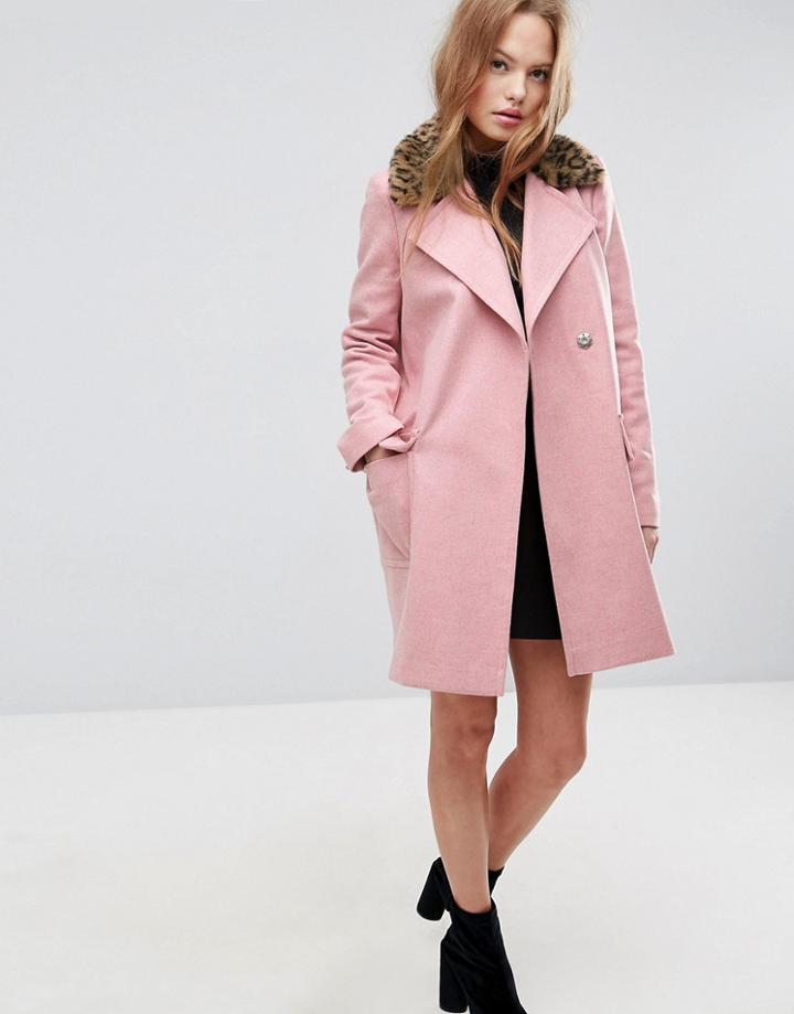 Asos Coat With Leopard Print Collar - Pink