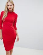 City Goddess 3/4 Sleeve Pencil Midi Dress With Pleated Detail-red