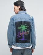 Asos Denim Jacket With Back Print In Mid Wash - Blue