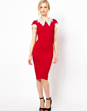 Lydia Bright Pencil Dress With Lace Collar And Sleeve Detail - Orange