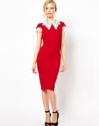 Lydia Bright Pencil Dress With Lace Collar And Sleeve Detail - Orange