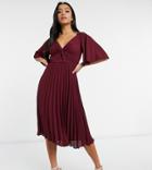 Asos Design Petite Twist Front Flutter Sleeve Midi Dress With Pleated Skirt-red