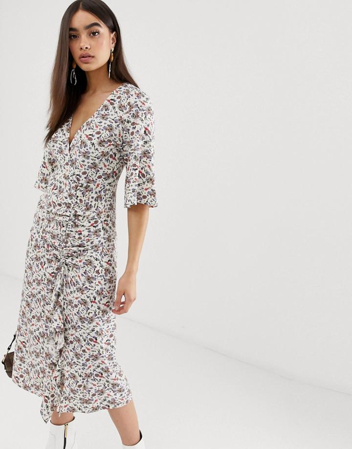Prettylittlething Wrap Midi Dress With Side Split In White Floral - Multi