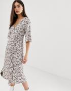 Prettylittlething Wrap Midi Dress With Side Split In White Floral - Multi