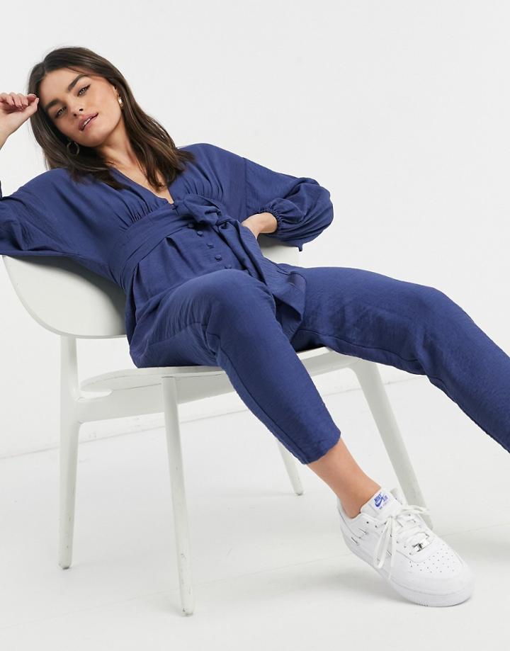 Asos Design Kimono Sleeve Button Up Tea Jumpsuit In Navy-green