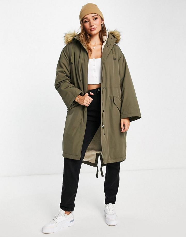 Asos Design Oversized Sherpa Lined Parka Coat In Dark Khaki-green