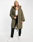 Asos Design Oversized Sherpa Lined Parka Coat In Dark Khaki-green