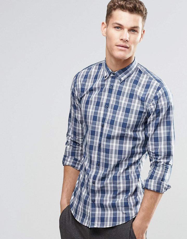 Boss Orange Shirt With Navy Check Slim Fit - Navy