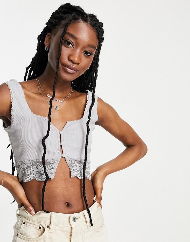 Skylar Rose Square Neck Ribbed Crop Top With Lace Hem - Part Of A Set-grey