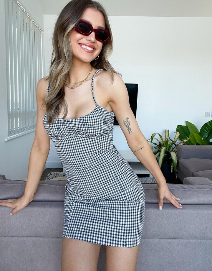 Pull & Bear Gingham Side Split Dress In Mono Check-multi