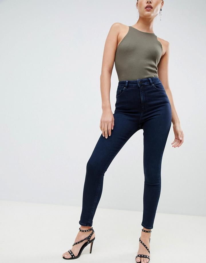 Asos Design Ridley High Waist Skinny Jeans In Blackened Blue Wash - Blue