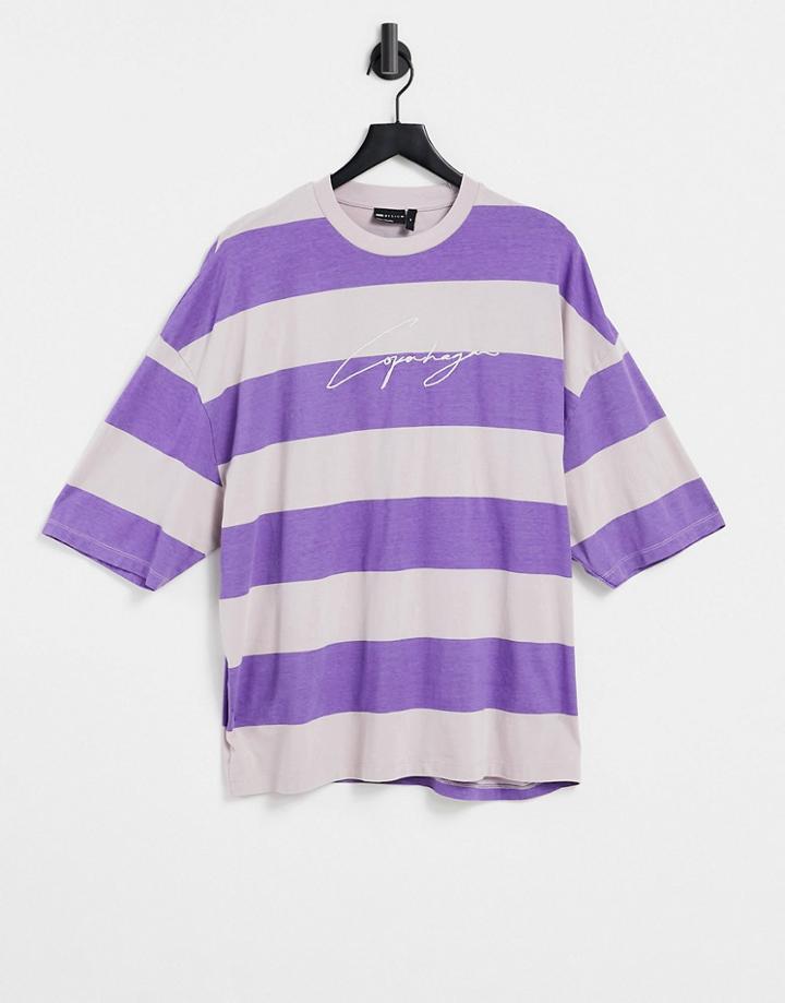 Asos Design Oversized Organic Short Sleeve Stripe T-shirt In Washed Purple With Script Print