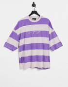 Asos Design Oversized Organic Short Sleeve Stripe T-shirt In Washed Purple With Script Print