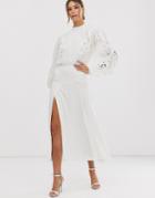 Asos Edition Delicate Embroidered Midi Dress With Blouson Sleeve-white