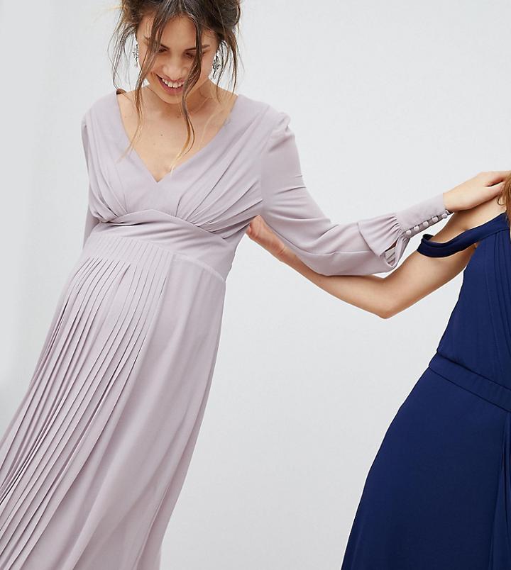 Tfnc Maternity Wedding Long Sleeve Midi Dress With Pleated Skirt - Gray