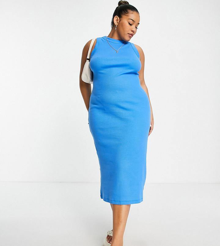 Asos Design Curve Racer Front Ribbed Midi Tank Dress In Blue