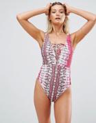 Asos Fuller Bust Snake Tie Dye Print Lace Front Swimsuit Dd-g - Multi