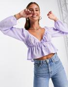 Asos Design Tie Front Peplum Top With Long Sleeve And Gathered Shoulder Detail In Lilac-purple