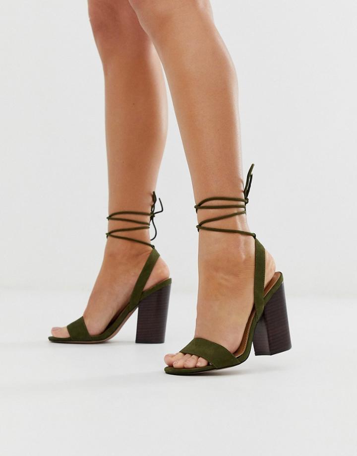 Asos Design Nettle Barely There Block Heeled Sandals In Khaki - Green