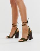 Asos Design Nettle Barely There Block Heeled Sandals In Khaki - Green