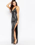 Oh My Love Metallic Plunge Front Maxi Dress With Thigh Split - Silver