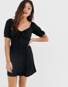 Asos Design Knot Front Button Through Sundress With Puff Sleeve-black