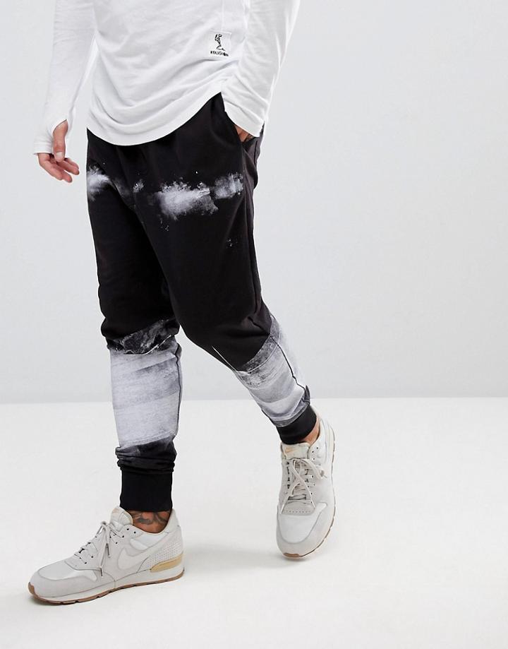 Religion Drop Crotch Jogger With Paint Print - Black