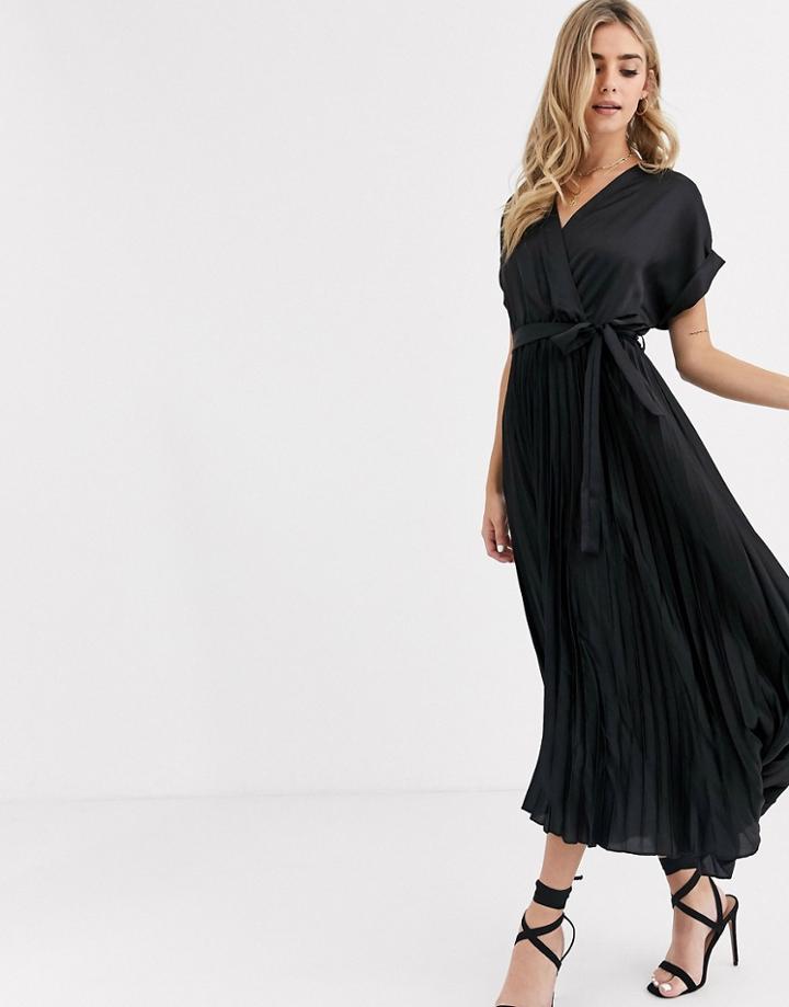 New Look Satin Pleated Midi Dress In Black