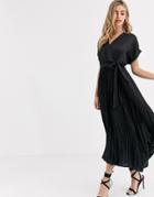 New Look Satin Pleated Midi Dress In Black