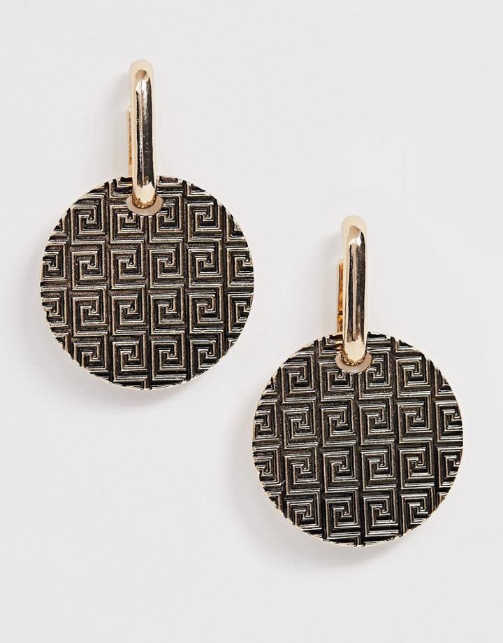 Asos Design Earrings With Engraved Logo Disc Drop In Gold Tone - Gold