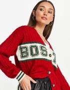 Topshop Knitted Boston Varsity Cardi In Red