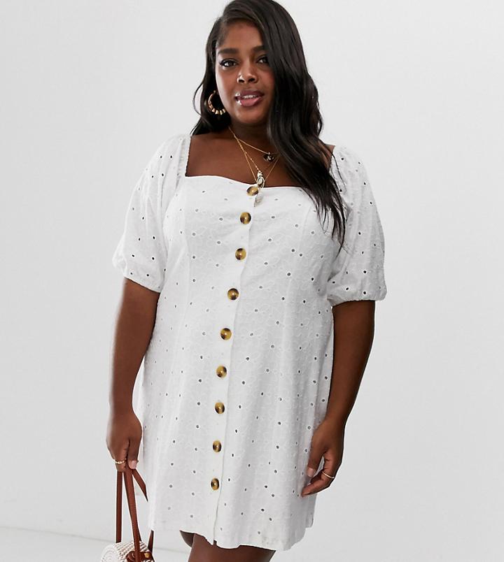 Asos Design Curve Button Through Broderie Tea Dress-white