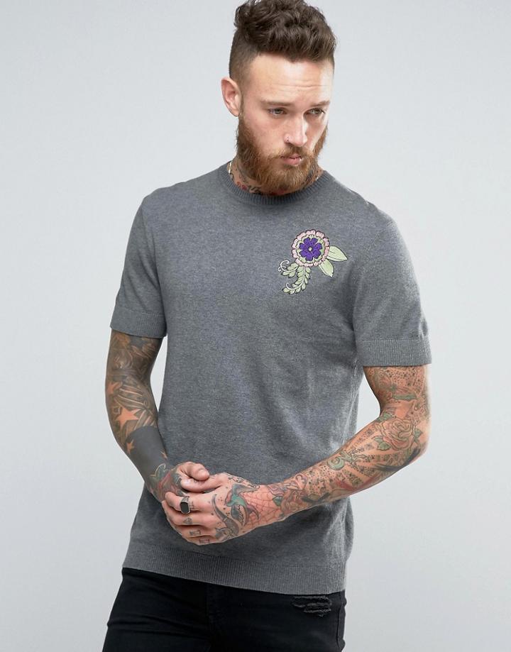 Asos Knitted T-shirt With Embroidery - Gray