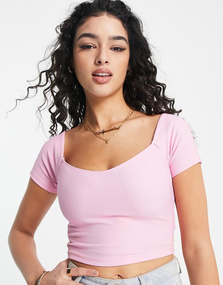 Stradivarius Sweetheart Neck Short Sleeve Top In Pink