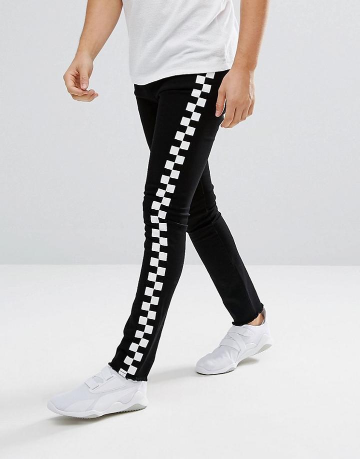 Granted Super Skinny Jeans In Black With Checkerboard Print Stripe - Black