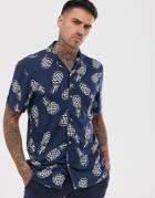 Pull & Bear Revere Collar Shirt In Pineapple Print - Navy
